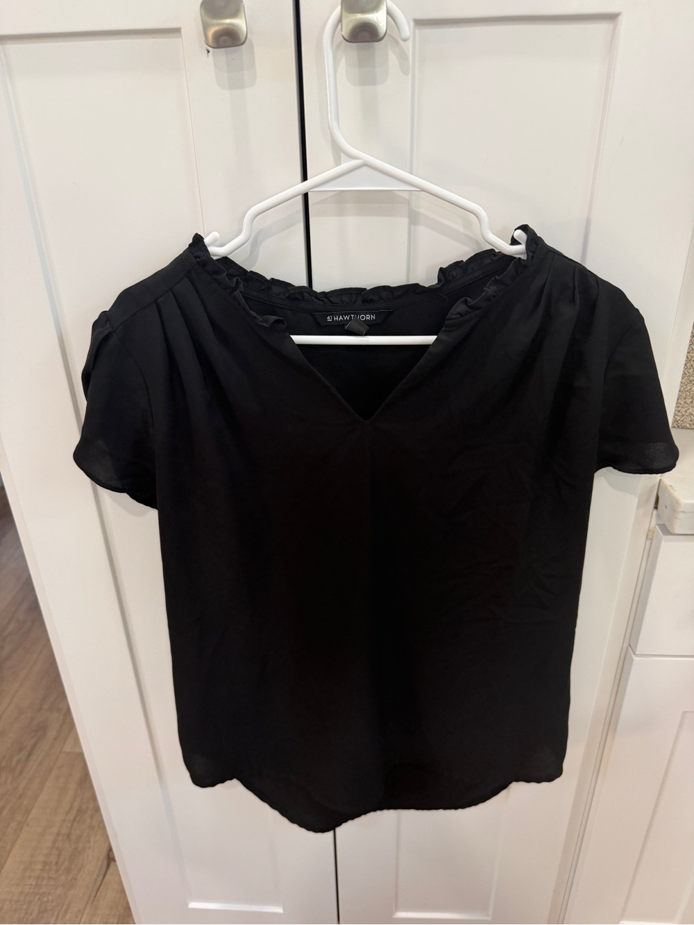 41 Hawthorn Black V-Neck Short Sleeve Blouse with Ruffle Yoke